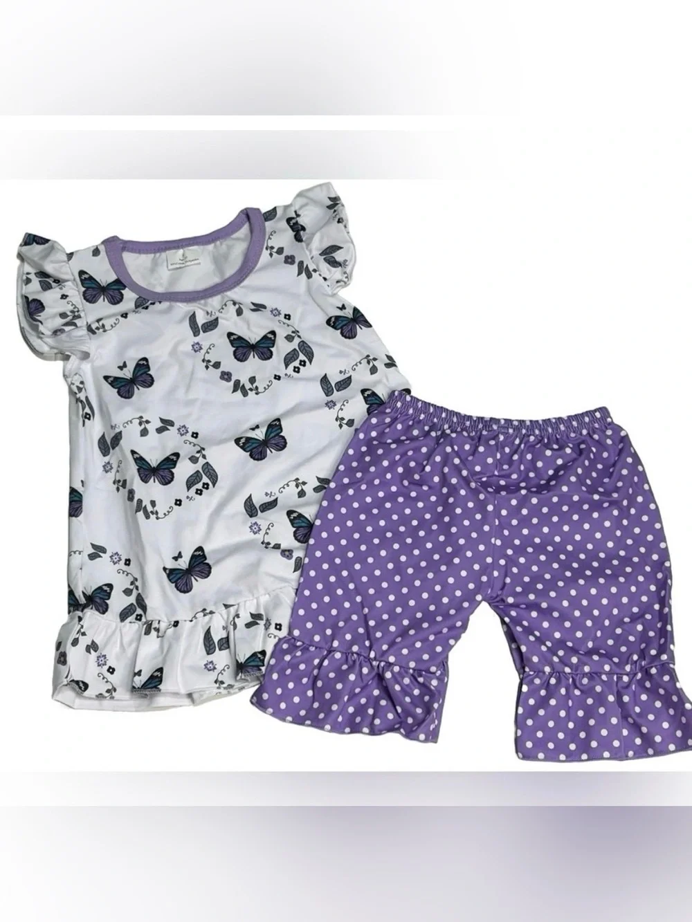 NEW Boutique Girl’s Butterfly Polka Dot Top & Ruffle Shorts Outfit Set